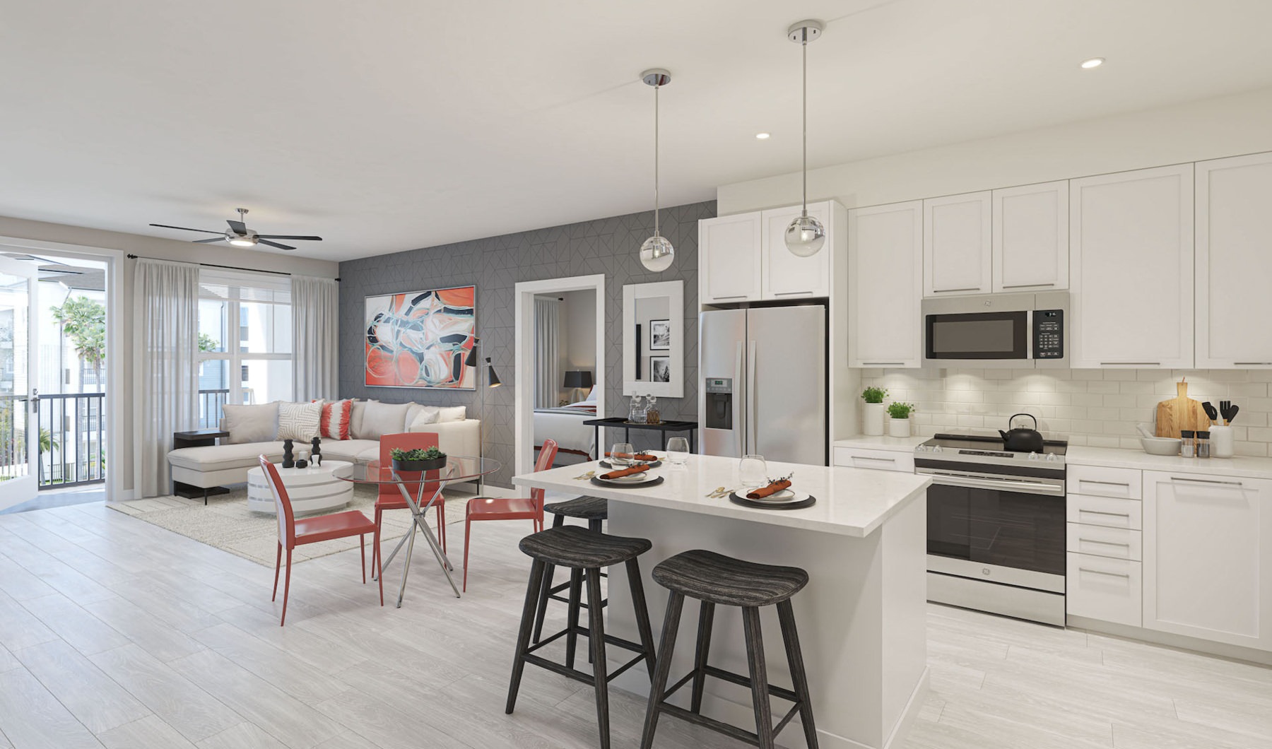 Living Begins Here large, modern clubhouse with kitchen and bright lighting